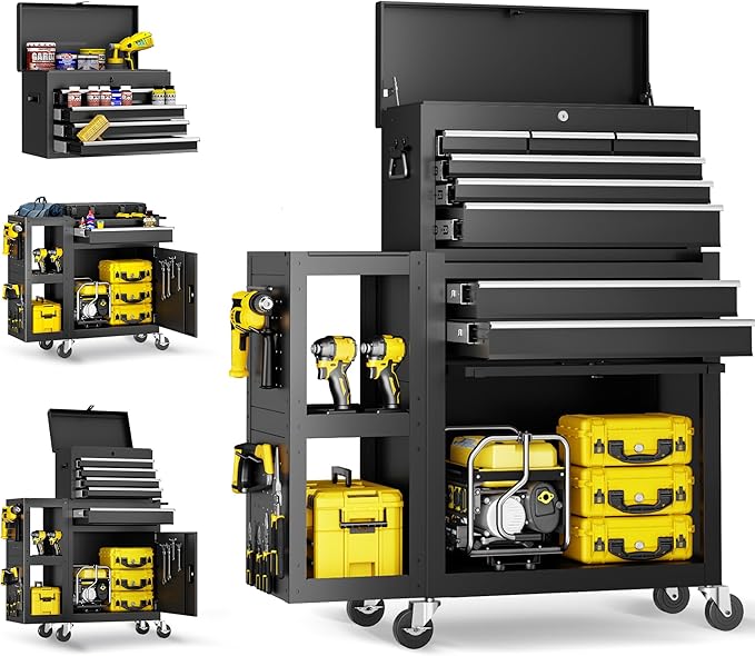SILVEL 8-Drawers Rolling Tool Chest, Assembled Tool Box with Auto Locking System & Lockable Wheels & Sliding Drawers & Detachable Top, Tool Storage Cabinet for Garage Workshop