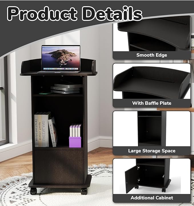 Podium Stand Portable,Mobile Wood Pulpit Podium Hostess Stand Reception Desk with Adjustable Shelf and Lockable Wheels for Churches Conference School