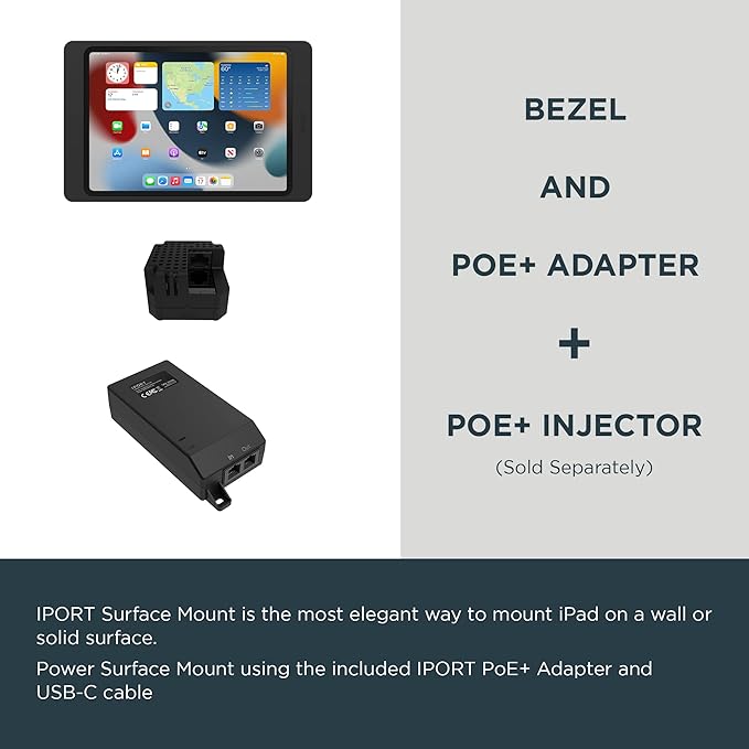 iPort 70805 Surface Mount System iPad Wall Mount – Slim & Secure for iPad mini A17 Case & 8.3" (6th Gen)| Built-in PoE Charging | Aluminum Flush Wall Dock for Smart Home & Commercial Use | Black
