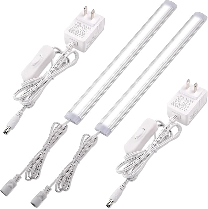 Under Cabinet LED Light Bar 12", Single Closet Light for Kitchen Counter Shelf Cupboard, Display Cases Back Lighting, 120V Wall Plug in, On Off Switch, 2 Light Bars, White Wires, Daylight