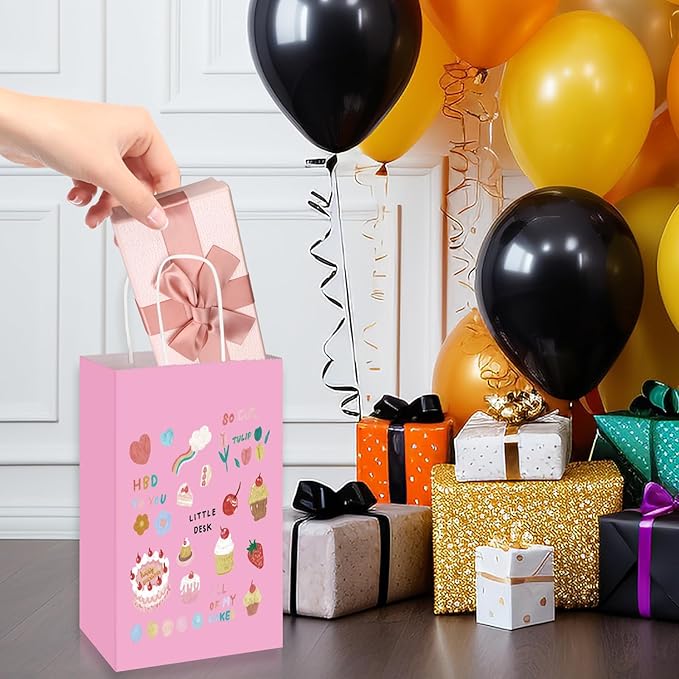Toovip 100 Pack 5.25x3.25x8.25 Inch Small Light Pink Kraft Paper Bags with Handles Bulk, Gift Wrap Bags for Favor Grocery Retail Party Birthday Shopping Business Goody Craft Merchandise Take Out Sacks
