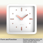 Driini Modern Mid Century Desk & Shelf Clock (White Rose Gold) - Battery Operated with Silent, Analog Movement – Small Tabletop Clocks for Office – Perfect for Mantle, End Table, Desktop or Nightstand