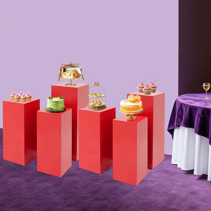 6Pcs Metal Pedestal Stand for Party, Large Red Cake Stand, Pedestal Display Plinth Pillars for Wedding Ceremony Birthday Party Art Decor, Column Decorative Cube for Wedding Dessert Table Display