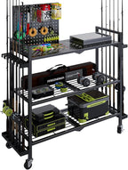 Fishing Rod Holders for Garage, Fishing Rod Stand with Wheels and Pegboard, 3-Tier Pole Storage Rack with 8 Hooks and 12 Rod Slots, Ideal for Tackle, Backpacks, and Gear