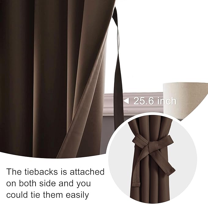 JIUZHEN Blackout Curtains for Bedroom - Thermal Insulated Room Darkening Noise Reducing, 52 x 63 Inch Length Curtains for Living Room, Set of 2 Panels with Tiebacks, Brown