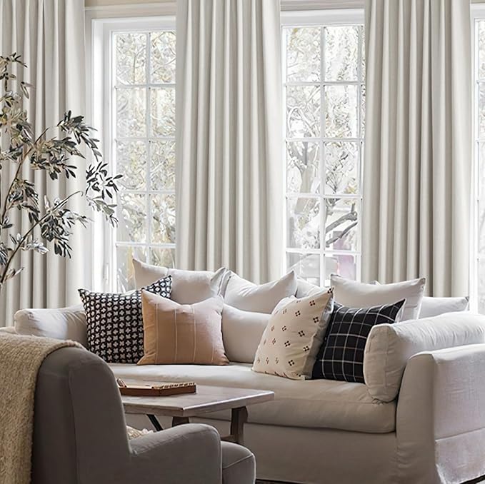 80 Inch Long Linen Blackout Curtains, 2 Panels Set for 76-80 inch Window Drapes Back Tab Pleated Boho Room Darkening Thermal Insulated Curtain for Sliding Glass Door (Birch 50" Wx80 L)