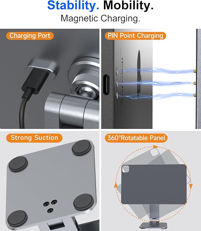 Magnetic iPad Stand with Wireless Charging, 18W Fast Charger, Suction Cup Base, 360° Rotating Panel & Foldable, ONLY for iPad Pro12.9” (M2/M1/4th/3rd) & Air13” (M3/M2), Work/Study Desk - Gray
