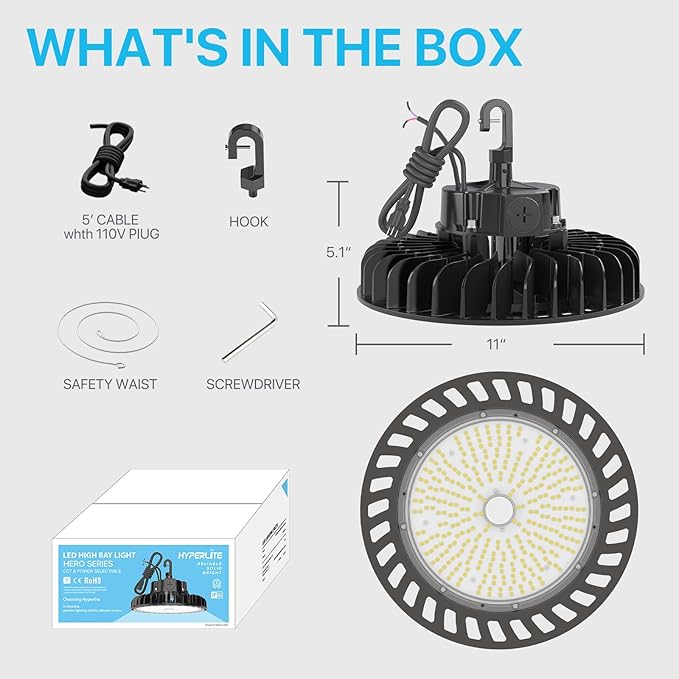 HYPERLITE LED High Bay Lights 150W 21,750lm 5000K 1-10V Dimmable UFO Led High Bay Light UL Listed 5' Cable High Bay Led Lights Alternative to 650W MH/HPS for Gym Factory Warehouse 4-Pack