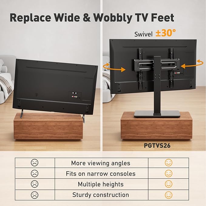 Perlegear Universal Swivel TV Stand Base for 32–70 inch TVs, Height Adjustable Table Top TV Stand with Tilt, Tempered Glass Base, Holds up to 88 lbs, VESA 400x400mm