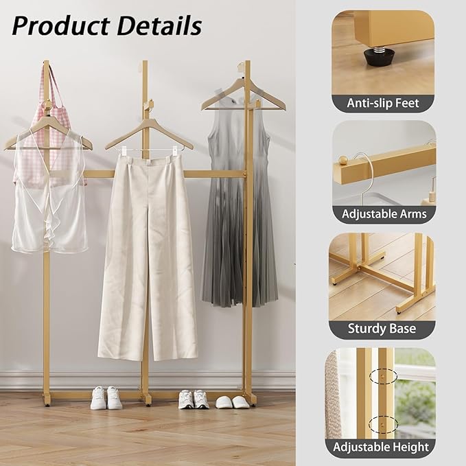 Gold Clothing Racks, Metal Clothes Rack with 6 Straight Arms, Freestanding Garment Rack for Hanging Clothes Heavy Duty, 46" to 63" Adjustable Height Retail Clothing Rack for Boutiques Display