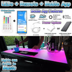PartyLife Glowing LED Surface Portable Bar Table w/Mobile App, Wireless Remote, Folding Legs, 2 Bar Skirts, Heavy-Duty Storage Shelf & Carrying Case - White Skirt
