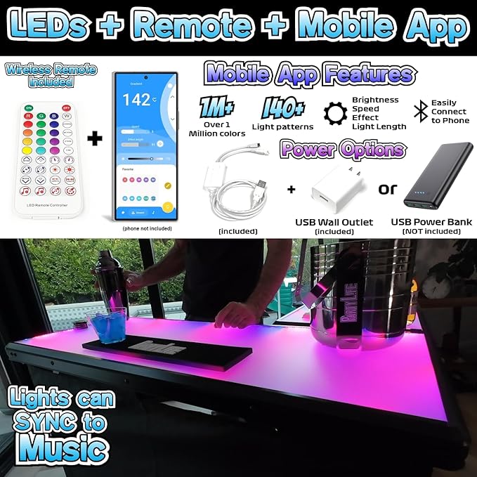 PartyLife Glowing LED Surface Portable Bar Table w/Mobile App, Wireless Remote, Folding Legs, 2 Bar Skirts, Heavy-Duty Storage Shelf & Carrying Case - Custom Skirt