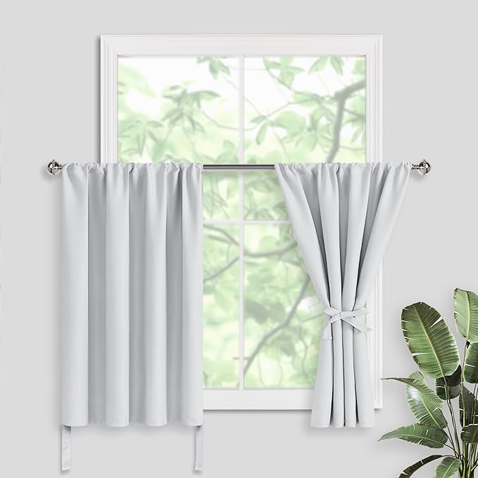 JIUZHEN Short Blackout Curtains for Small Window - Cafe Room Darkening Privacy Energy Saving Window Curtains Tiers for Bathroom,Kitchen, W 42 x L 30, Set of 2 Panels with Tiebacks, Greyish White