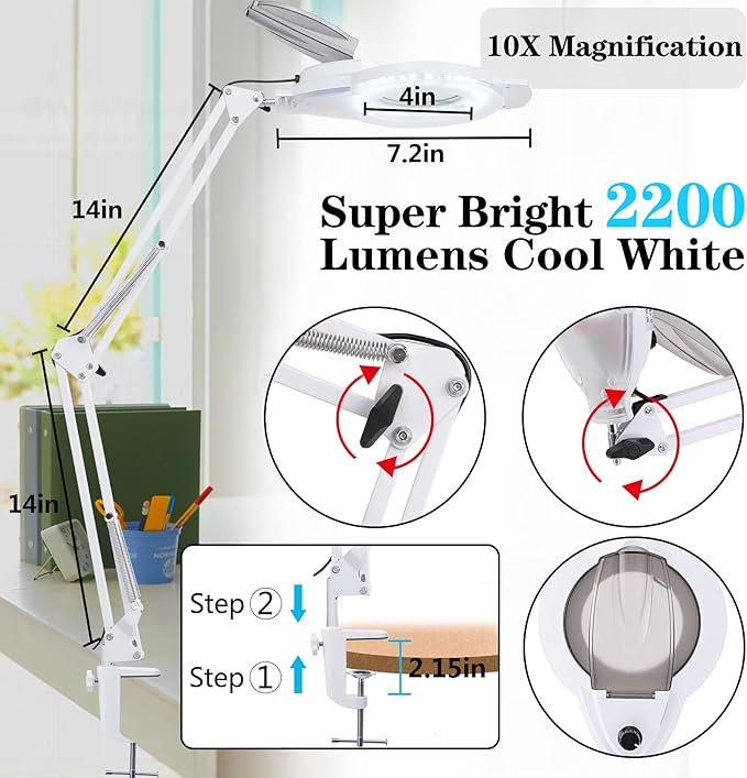 10X LED Magnifying Lamp with Clamp, KIRKAS 2,200 Lumens Dimmable Super Bright Daylight Magnifying Glass with Light and Stand, Adjustable Swivel Arm Magnifier lamp for Reading Repair Crafts-White