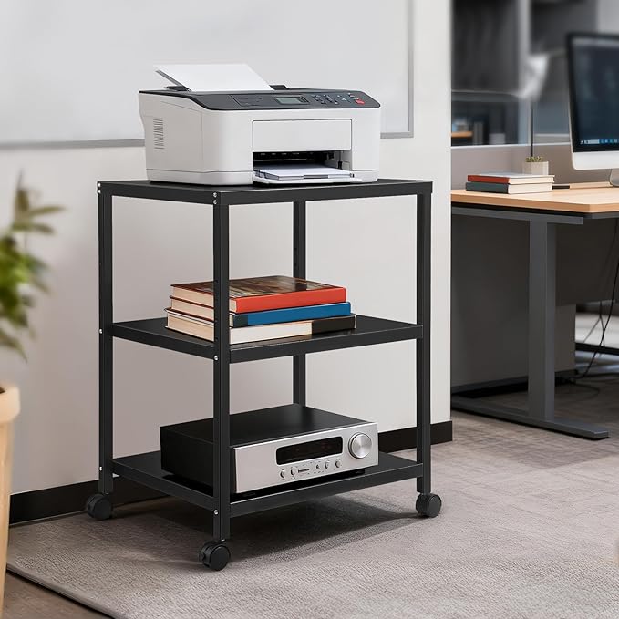 Under Desk Printer Stand with Wheels, 3-Tier Heavy Duty Rolling Cart with Adjustable Storage Shelf, Industrial Printer Table for Printer, Scanner, Home, Office, Black