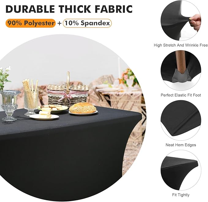 Spandex Table Cover 2 Pack 4FT Black Fitted Tablecloths,Washable Wrinkle Resistant Stretch Table Cloth Rectangle for Vendor Booth Display Items,Party Supplies for Adults,Wedding Decorations,Banquet