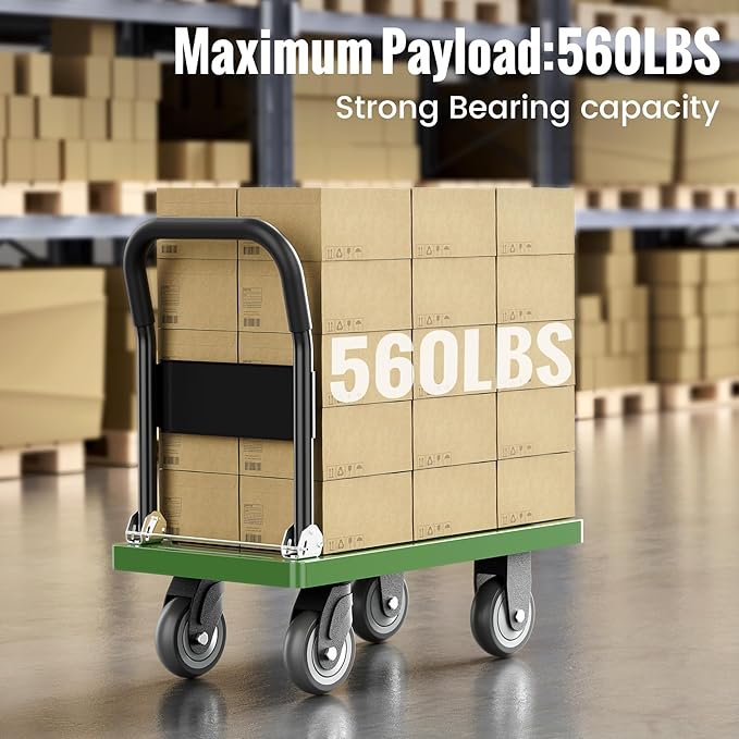 Upgraded Foldable Push Cart Dolly | 560 lbs. Capacity Moving Platform Hand Truck | Heavy Duty Space Saving Collapsible | Swivel Push Handle Flat Bed Wagon - Green
