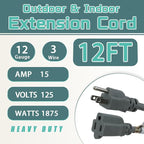 12 Ft Outdoor Extension Cord - 12/3 SJTW Heavy Duty Grey Extension Cable with 3 Prong Grounded Plug - Power Cord for Lawn, Garden, Appliances