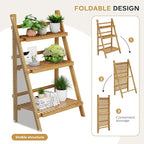 39.4" Foldable Plant Shelf Ladder Shelf, 3 Tier Bamboo Ladder Flower Pot Display Shelf, Freestanding Ladder Bookshelf for Garden, Balcony, Yard, Living Room, 23.6"W x 15"D x 39.4"H, Natural