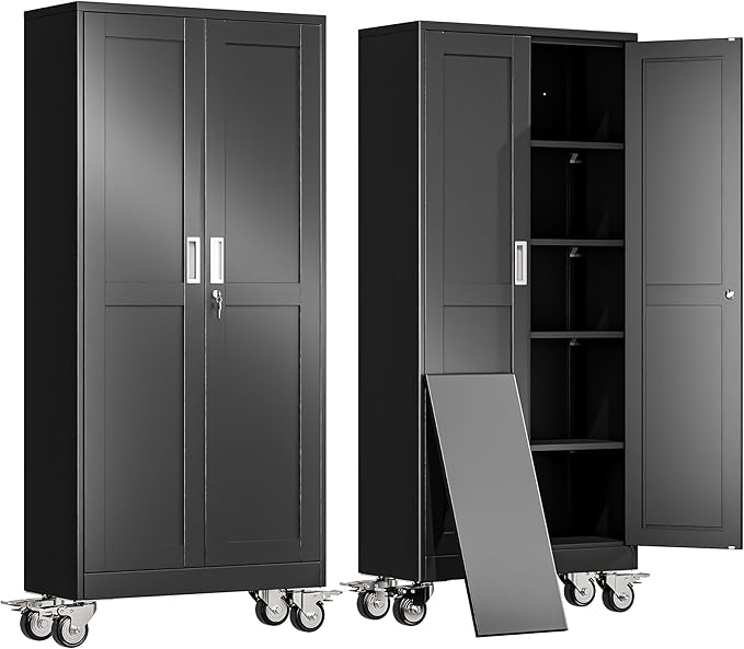 71" H Metal Garage Storage Cabinet, Rolling Tool Cabinet with 2 Doors and Wheels, Locker Steel Cabinet with 4 Adjustable Shelves, Organization Cabinet for Garage,Office,Home,Gym,School（Black）
