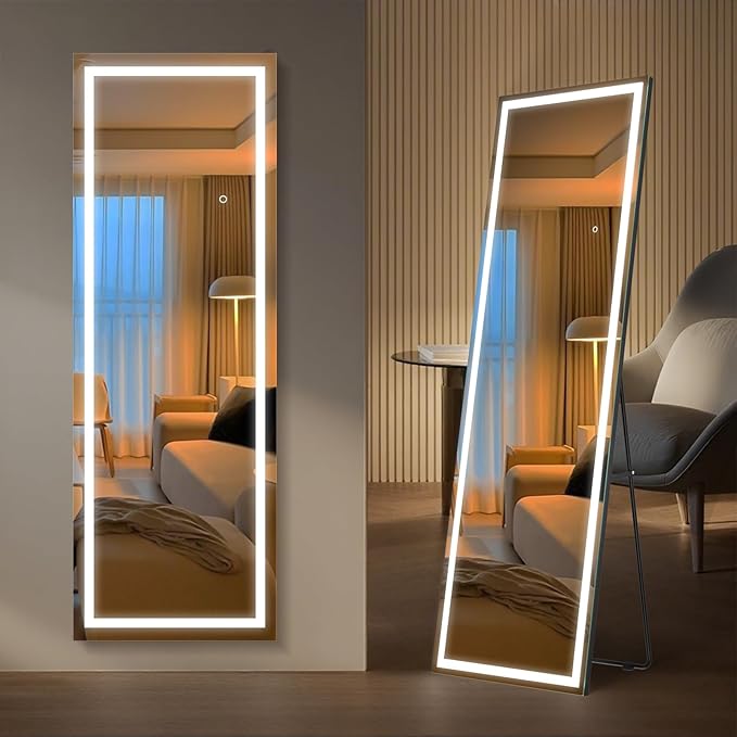 Kosmonia 59x16 Frameless Full Length Mirror, Dimmable 3 Color LED Light w/Memory Function, Distortion Free, HD Reflection & Anti Desilvering, Tempered Glass & Shatter Proof Film Doubling Safety