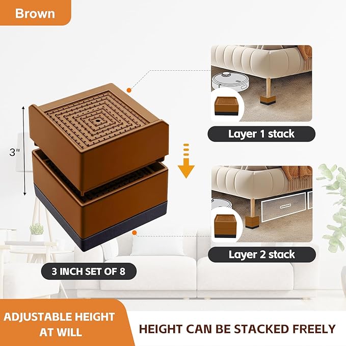 Bed Risers, Furniture Raise Blocks, 3 inch Stilts Heavy Duty for Bed Couch Desk Sofa Table Lifts, Furniture Legs Lifters Support up to 1300 Lbs (Brown, 8 Pack Set)