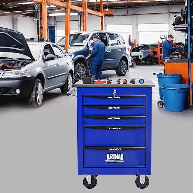 5-Drawer Heavy-Duty Rolling Tool Chest with Wheels & Steel Roof, Lockable Tool Chest Storage Cabinet for Garage, Workshop, Warehouse, and Repair Shop