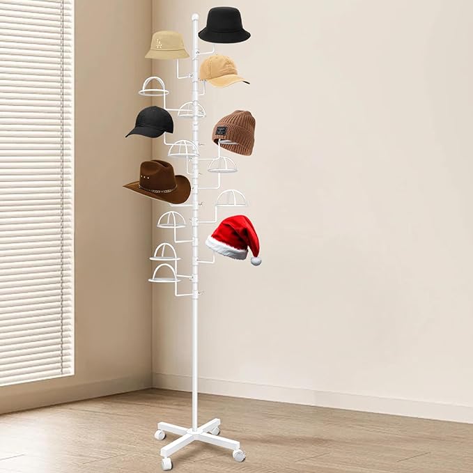 Montex Freestanding Hat Rack Stand, Metal Hat Organizer Rack with 15 Customisable Circular Hooks, Hats Tree Stand Floor Standing Hat Display, White