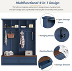 Merax Wood Hall Tree with 6 Hooks & Entryway Bench, Farmhouse Mudroom Versatile Coat Racks with 2 Large Drawers, Entrance Organizer for Hallway, Blue