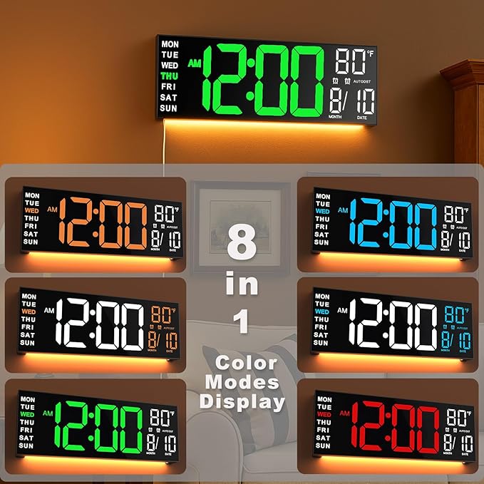 TrophyRak 16" Large Digital Wall Mount Clock, Count Down Timer, Alarm, Big LED, RGB Color, DST, Temperature for Living Room Classroom Desk, Wall, Xmas, Birthday Gift for Senior Mom Dad, Green White