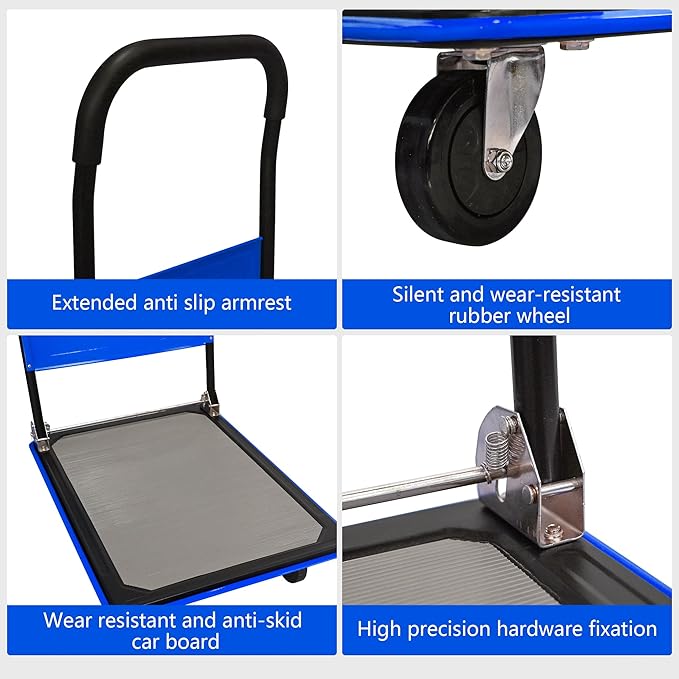 660lbs Large Size Heavy Duty Blue Flatbed Cart, Foldable Steel Platform Dolly with 360° Swivel Wheels, Silent Utility Push Hand Truck for Warehouse & Home