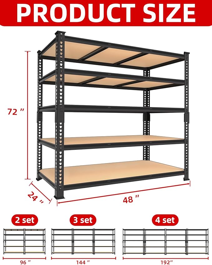 PrimeZone Heavy Duty Garage Storage Shelves - 48" W X 24" D X 72" H Adjustable Metal Shelving Unit, 5 Tier Industrial Shelves for Storage Standing Utility Rack for Warehouse, Pantry, Basement, Black