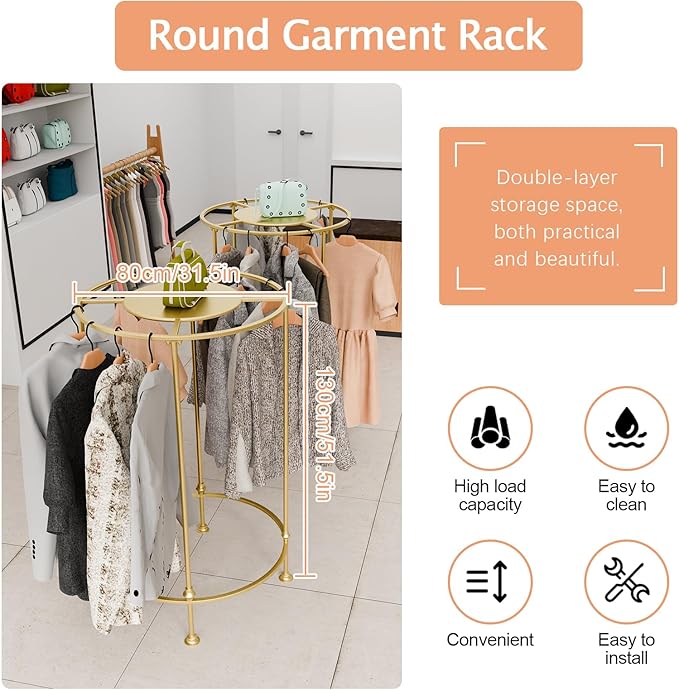 Round Garment Rack,Freestanding Clothes Hanging Rack,for Shopping Malls Retail Bedroom (Gold)
