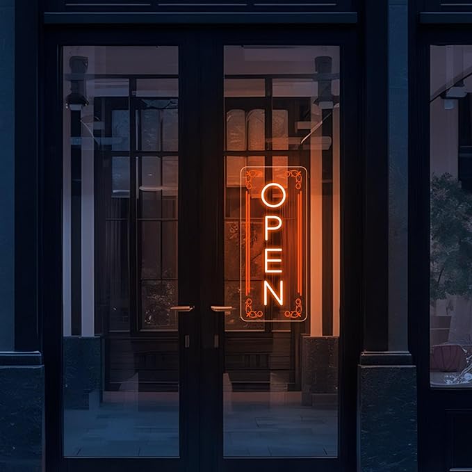 Vertical LED Open Signs for business – Super Bright - UV Printing Pattern, Remote Included - Large Size 14x35'' - Neon Open Sign for Café, Bar, Shop & Business Sign (Orange)