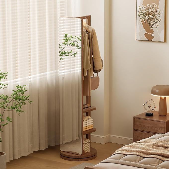 WoodsWhisper Full Length Mirror Coat Rack Solid Wood Floor Mirror 66"x12" Full Length Mirror with Stand Long Mirrors for Bedroom,Living Room