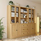 TUSY 71" H Bookshelf Bookcase with Doors, 3-Tier Modern Bookshelves with 3 Large Drawer, Display Bookcase with Glass Doors, Modern 5-Tier Curio Cabinet for Home Office, Dining Room (Wood, BAB)