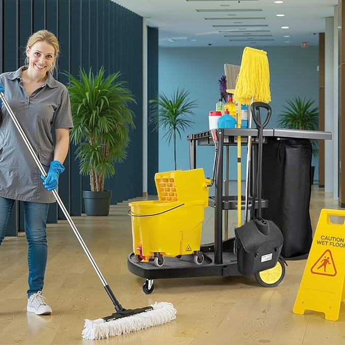 ALANNG Cleaning Cart for Housekeeping & Commercial Use, Janitorial Service Cart with 15 Disposable Trash Bags, Hotel Office School Cleaning Trolley (Black, 1 Pack)
