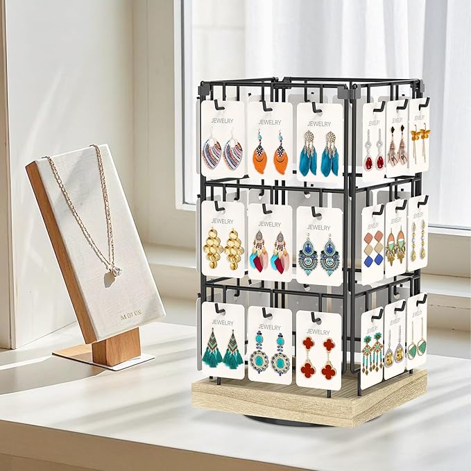 EsLuker.ly Rotating Earring Display Holder Stand for Vendors Events Selling, Large Capacity 36 Hooks Jewelry Rack with Wooden Base for Earring Card Sales, Enhances Retail Visibility(Oak Color)