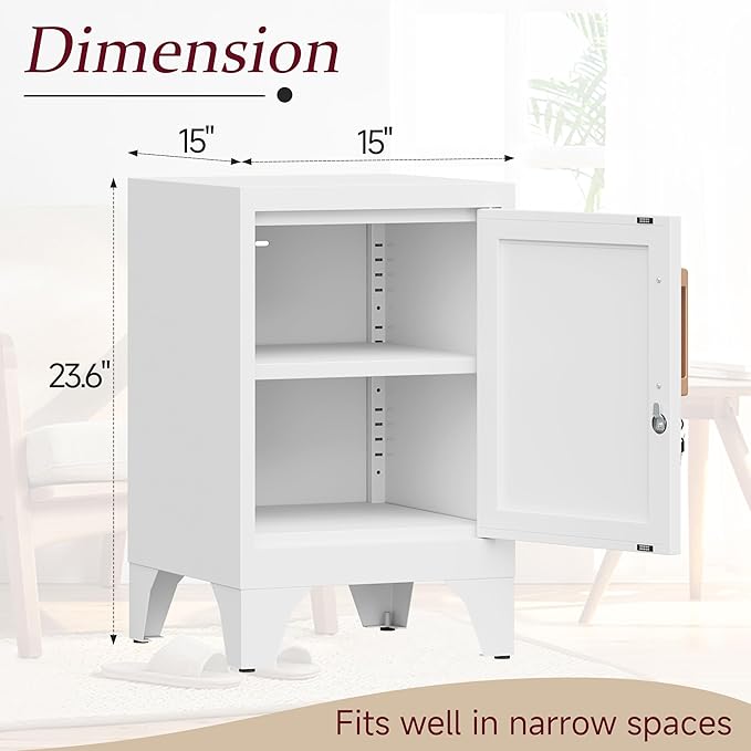 Bestoo Metal Locking Cabinet, 23.6" H Locker with 1 Magnetic Door and 1 Adjustable Shelve, Small Lockable Nightstand, White Bedside Storage Cabinets for Bedroom, Home, Office, School