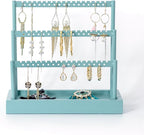 SANY DAYO HOME 3-Tier Earring Holder Organizer Stand, 105 Holes Teal Blue Metal Earring Rack Jewelry Display Tree with Wood Tray for Women and Girls