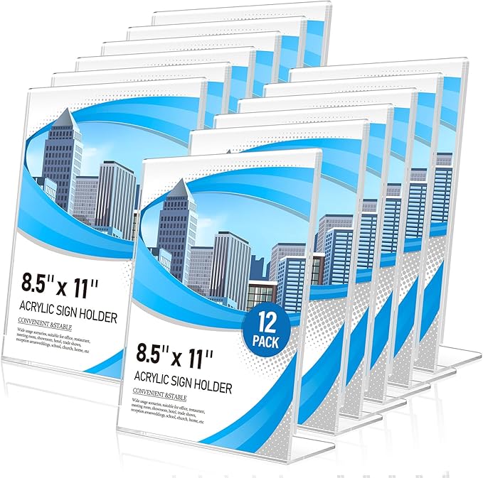 Acrylic Sign Holder 8.5 x 11 12 Pack, Double-Sided Clear Sign Holder Plastic Stands for Display, Table Sign Stands, T Shape Flyer Holder