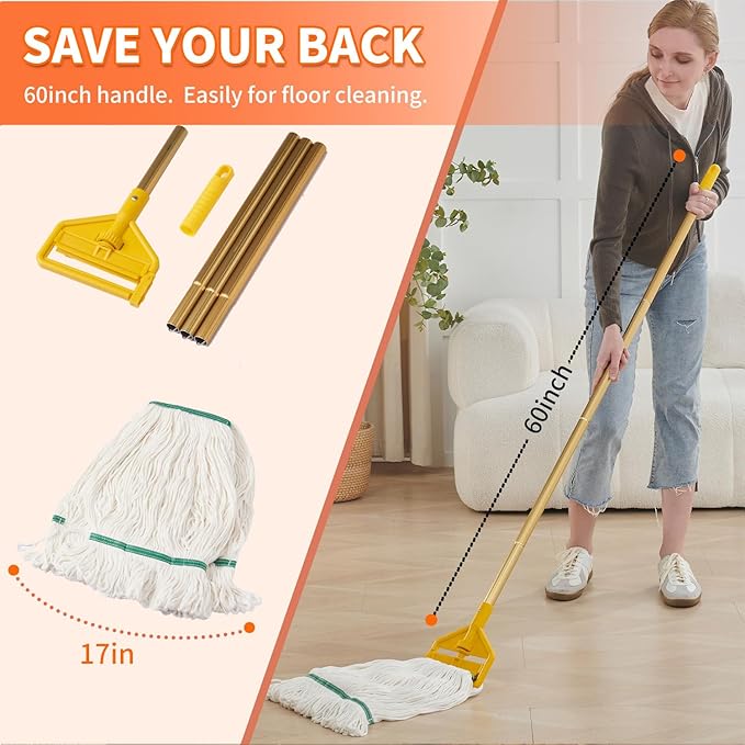 Commercial Industrial Heavy Duty Mop with Two Extra Replacement Mop Head,60" Long Handle Looped-End String Wet Cotton Mops for Floor Cleaning
