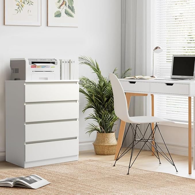 Dresser for Bedroom, Modern Wood Dresser Chest of Drawers, No Handle Storage Cabinet for Girls, Anti-Tipping Device, Living Room, Home Office, Hallway Organizer (White, 4 Drawers)