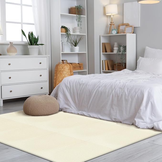 Carpet Tiles Peel and Stick 24” x 24”, Self Adhesive Soft Padded Flooring Stickers, Off-White Home Decor for Bedroom Living Room Office, 20 Tiles & 80 sq ft per Box