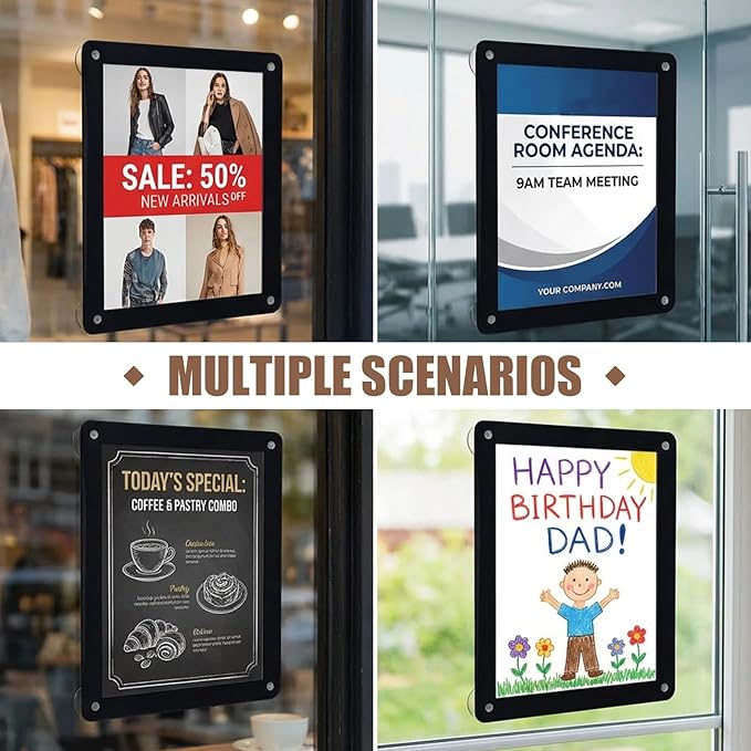 Thyle 2 Pack 8.5 x 11 Acrylic Window Sign Holder with Suction Cups and Black Frame, Clear Acrylic Frames Glass Door Wall Mount Advertising Signage Sign Holder for Mall, Office, Home, Store, Restaurant
