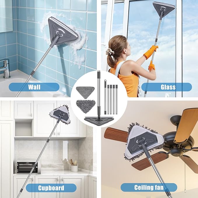Mops for Floor Cleaning with 57" Long Handle, Scrub Brush, Wall Cleaner Mop with 84'' Long Handle, 2 Reusable Pads, Wet and Dust Mopping for Hardwood, Laminate, Tile Floor, Wall, Ceiling, 19Pcs Gray