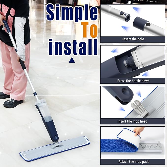 24" Dry mops for Floor Cleaning, Microfiber mop Spray System, Commercial Heavy-Duty Wet mops with 28oz Big Tank, 2 Washable Pads for Lobby, Pool, Factory, Office, Warehouse, Concert, Library (1)