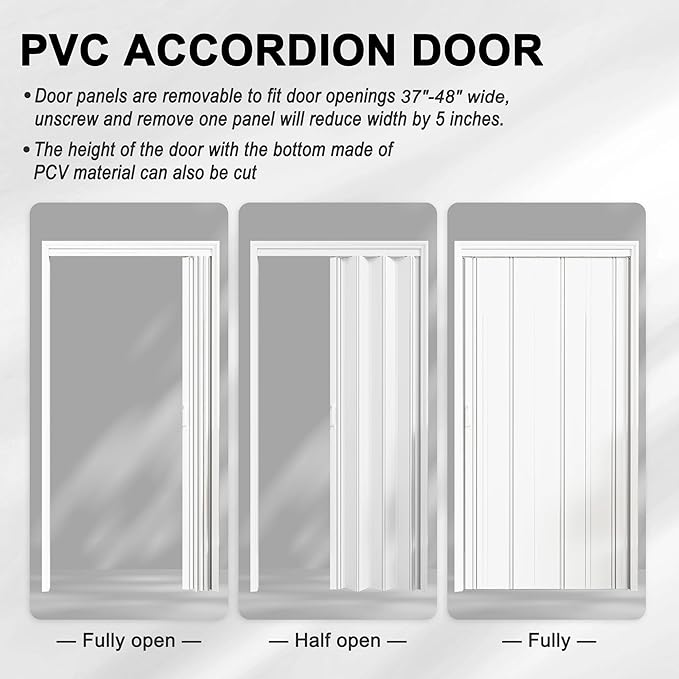 37-48 x 80in Accordion Doors Interior Folding Door, White PVC Accordion Door with 3 Frosted Acrylic Glass with Upgraded Roller & Handle & Complete Hardware, for Closet Bathroom Doorways