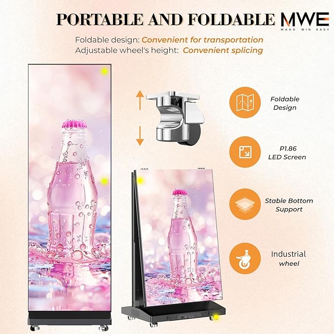 MWE P1.86 Spliceable LED Poster Screen with Flight Case, Foldable LED Digital Signage Advertising Display Kiosk with Publishing System, Portable Digital Poster for Events and Rentals (2 Panels), Black