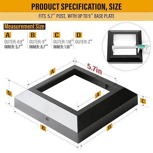 5.5"x5.5"（Actual: 5.5"x5.5"） Deck Post Base Cover Decorative Post Base Trim Skirt Black Aluminum 8Pack